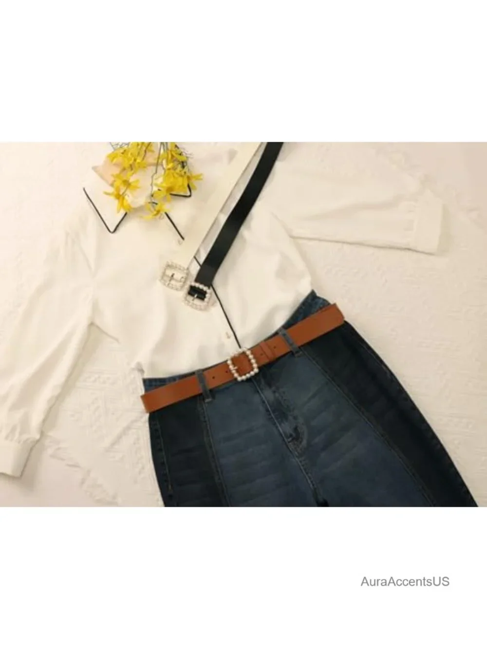 Faux Leather Pearl Buckle Belt, 1.2